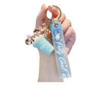 Kawaii Acrylic Into Oil Floating Pearl Milk Keychain - Cartoon Cute Couple Key Ring - Suitable for Keys, Bubble Tea Keychain (Blue)