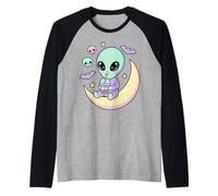 Kawaii Alien Drinking Bubble Tea Pastel Goth Moon Spooky Cut Raglan Baseball Tee