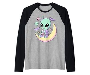 Kawaii Alien Drinking Bubble Tea Pastel Goth Moon Spooky Cut Raglan Baseball Tee