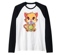 Kawaii Anime Cat Drinking Boba Tea Cat Bubble Tea Raglan Baseball Tee