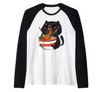 Kawaii Anime Cat Eating Japanese Noodles Ramen Raglan Baseball Tee