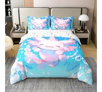 Kawaii Axolotl Cotton Duvet Cover Single Size,Ocean Marine Life Salamander Cute Bedding Set with 1 Pillow Sham,Watercolor Blue Sky Ocean Bubbles 3D Print Comforter Cover(No Filler),2 Pcs