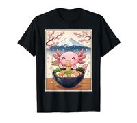 Kawaii Axolotl Eating Ramen Japanese Sakura Mount Fuji Anime Value Graphic T-Shirt, Men, Black, XL