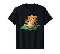 Kawaii Baby Leopard On Tropical Leaf with Flower T-Shirt