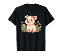 Kawaii Baby Pig Surrounded by Colorful Flowers T-Shirt