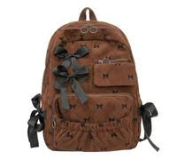 Kawaii Backpack Bow Print Multi-Pocket Casual Girls Backpack, Brown | Canvas Fabric, Sturdy Zipper, Bow Print, Large Capacity, Ideal for Students, Casual Outings