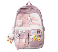 Kawaii Backpack with Cute Pins Duckling Pendant, Aesthetic Canvas Schoolbag Laptop Bag Daypack Back to School Stationary, Pink