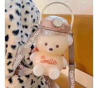 Kawaii Bear Shaped Large Water Bottle Teddy Bear Drinking Cups with Straw Bear Drinks Bottle Leak Proof Drinking Bottle with Shoulder Strap (1000ml Brown)