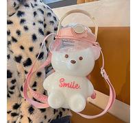 Kawaii Bear Shaped Large Water Bottle Teddy Bear Drinking Cups with Straw Bear Drinks Bottle Leak Proof Drinking Bottle with Shoulder Strap (1400ml Pink)
