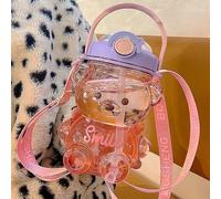 Kawaii Bear Shaped Large Water Bottle Teddy Bear Drinking Cups with Straw Bear Drinks Bottle Leak Proof Drinking Bottle with Shoulder Strap (1000ml Purple)