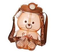 Kawaii Bear Straw Bottle Portable Cartoon Kids Water Bottle with Straw and Carrying Loop Adjustable Shoulder Strap for Girl Cute Juice Tea Water Cups