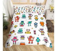 Kawaii Bedding Set Cute Robots Comforter Cover,Kids Boys Girls Watercolor Robot Duvet Cover Super King Modern Cartoon Super Robot Toddler Bed Set,Colorful Kawaii Room Decor,Plain White