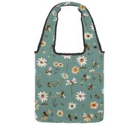 Kawaii Bees and Daisy Flowers Canvas Tote Bag, Medium Book Tote Reusable Cloth Bag for Women Teachers Nurse