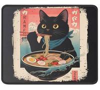 Kawaii Black Cat Eating Ramen Mouse Pad, Funny Japanese Ukiyo-e Anime Style Mousepad with Non-Slip Rubber Base for Gaming & Office, Cat Lovers Gift