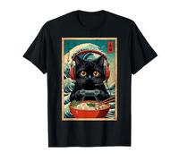 Kawaii Black Cat Gamer with Ramen and Japanese Waves Gaming T-Shirt