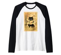 Kawaii Black Cat Reading Books Japanese Edo Woodblock Raglan Baseball Tee