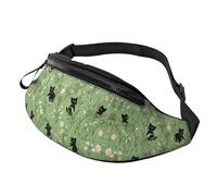 Kawaii Black Cat Trendy Printed Crossbody Bag Green Unisex Crossbody Waist Pack Cute Plant Adjustable Waist Fanny Pack Festival-Goers - Theft-Proof Compact Bag for Phones & valuables 14X35CM