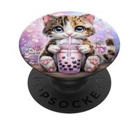 Kawaii Boba Cat Bubble Tea Chibi Kitten Illustration PopSockets Adhesive PopGrip