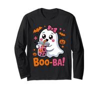 Kawaii Boba Tea Cute Boo Ghost Halloween Spooky Coquette Bow Long Sleeve T-Shirt