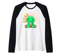 Kawaii Bobasaurus Drinking Bubble Tea T-Rex Dinosaur Boba Raglan Baseball Tee