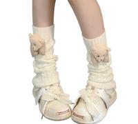 Kawaii Bow Tie Front Lag Accessories for Women Cutecore Bear Patterned Knitted Leg Warmers Cottagecore Clothings, White, One Size