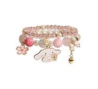 Kawaii Bracelets Set Crystal Beads Cinnamoroll Bracelet Cute Cartoon Elastic Beaded Pearl Bracelets Anime Jewelry Christmas Stocking Stuffers for Women Bff Friendship Gift (Pink)