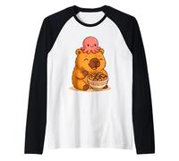 Kawaii Capybara and Octopus Eating Takoyaki Japanese Food Raglan Baseball Tee