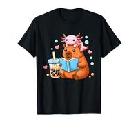 Kawaii Capybara Axolotl Reading Book Boba Tea Graphic Layout T-Shirt