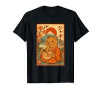 Kawaii Capybara Eating Ramen Noodles with Sakura Mount Fuji T-Shirt