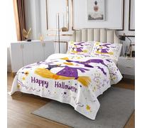Kawaii Cat Animals Bedspread Single Size,Happy Halloween Theme Coverlet Kids Girls Boys Room Decor,Natural Botanical Floral Bedding Quilt,1 Pillowcase,Purple Yellow
