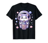 Kawaii Cat Astronaut with Boba Tea Anime in Space Adventure T-Shirt