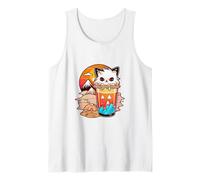 Kawaii Cat Boba Tea Cup Mountain Beach Sunset Aesthetic Tank Top