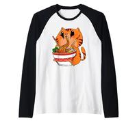 Kawaii Cat Eating Anime Japanese Noodles Ramen Raglan Baseball Tee