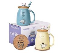 Kawaii Cat Mug Set - 2 Cute Ceramic Coffee Tea Cups with Lids & Spoons - 15oz/500ml - Blue & Yellow - Cat Lovers Gift for Christmas or Birthday