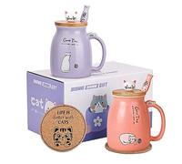 Kawaii Cat Mug Set - 2 Cute Ceramic Tea Cups with Lids & Spoons - 15oz/500ml - Perfect for Women & Cat Lovers - Christmas & Birthday Gift (Purple & Pink)