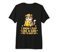 Kawaii Cat Play Like A Girl - Cute Kitten Softball Premium T-Shirt