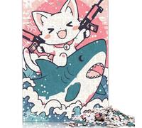 Kawaii Cat Riding Shark with Guns Puzzles for Adults 1000 Puzzles Wood Puzzle Jigsaws for Adults Teenagers Teenager Man Woman Gift 1000pcs (75x50cm)