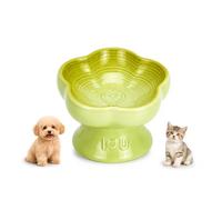 Kawaii Ceramic Raised Cat Bowl, 15° Tilted Raised Cat Feeder for Neck Protection, Whisker Friendly Elevated Cat Food Bowl, Anti Vomiting Cat Water Bowl for Cats & Small Dogs (Green)