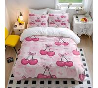 Kawaii Cherry Duvet Cover Pink Checkered & Love Heart Comforter Cover Cute Sweet Bedding for Girls Teen Bedroom Decor (style1,King 240x220cm+65x65cm*2)