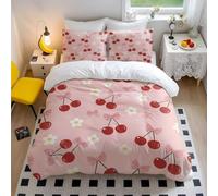 Kawaii Cherry Duvet Cover Pink Checkered & Love Heart Comforter Cover Cute Sweet Bedding for Girls Teen Bedroom Decor (style2,Double200x200cm+50x75cm*2)