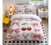 Kawaii Cherry Duvet Cover Pink Checkered & Love Heart Comforter Cover Cute Sweet Bedding for Girls Teen Bedroom Decor (style5,King240x220cm+50x75cm*2)