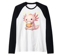 Kawaii Chibi Axolotl Munching Happily Raglan Baseball Tee