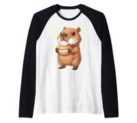 Kawaii Chibi Capybara Munching Happily Funny Water Hog Raglan Baseball Tee