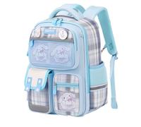 Kawaii Children's Shoulder School Bag, Primary School Students Spine Protection and Reduce The Burden of Boys and Girls Plaid School Bag,Blue Large