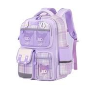 Kawaii Children's Shoulder School Bag, Primary School Students Spine Protection and Reduce The Burden of Boys and Girls Plaid School Bag,Purple Small