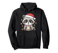 Kawaii Christmas Raccoon Drinking Boba Illustration Pullover Hoodie