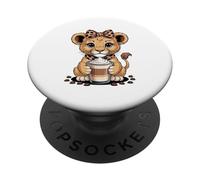 Kawaii Coffee Lion Cub With Latte And Beans PopSockets Adhesive PopGrip