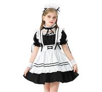 Kawaii Costume Outfits Kids Japanese Girl Anime Cosplay Costume Maid Lolita French Apron Cute Dress Set (Black, 9-10 Years)