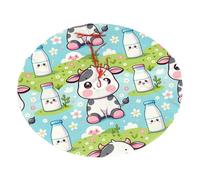 Kawaii-Cow-Milk Plush Christmas Tree Skirt, Soft Flannel Christmas Tree Decoration with Red String Ties, Easy to Install Holiday Ornament for Xmas