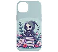 Kawaii Cute Grim Reaper Reading Book Light Blue Book Lover Case for iPhone 14 Plus